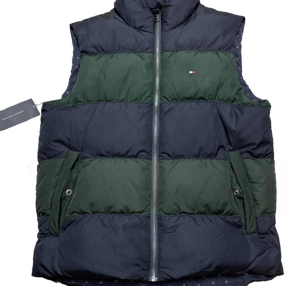 NEW $169 Tommy Hilfiger Down Puffer Vest! Med Green & Navy Stripe Floral Lining